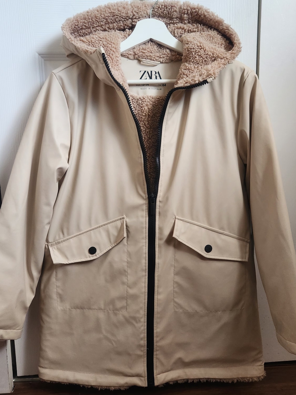 ZARA Women's Cream Hooded Sherpa-Lined Parka Coat